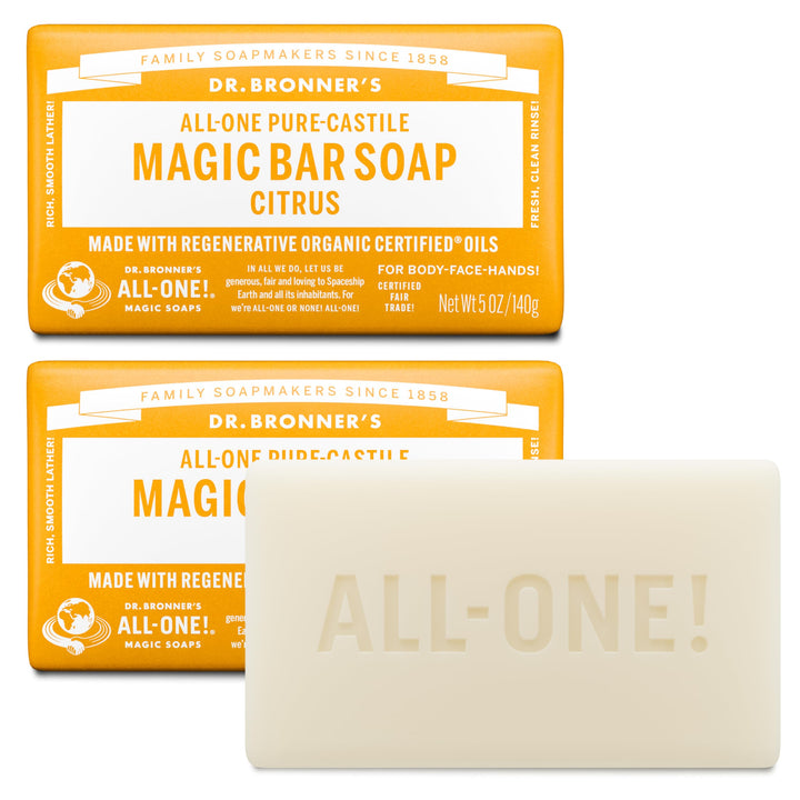 Dr. Bronner's citrus bar front packaging showing product and benefits