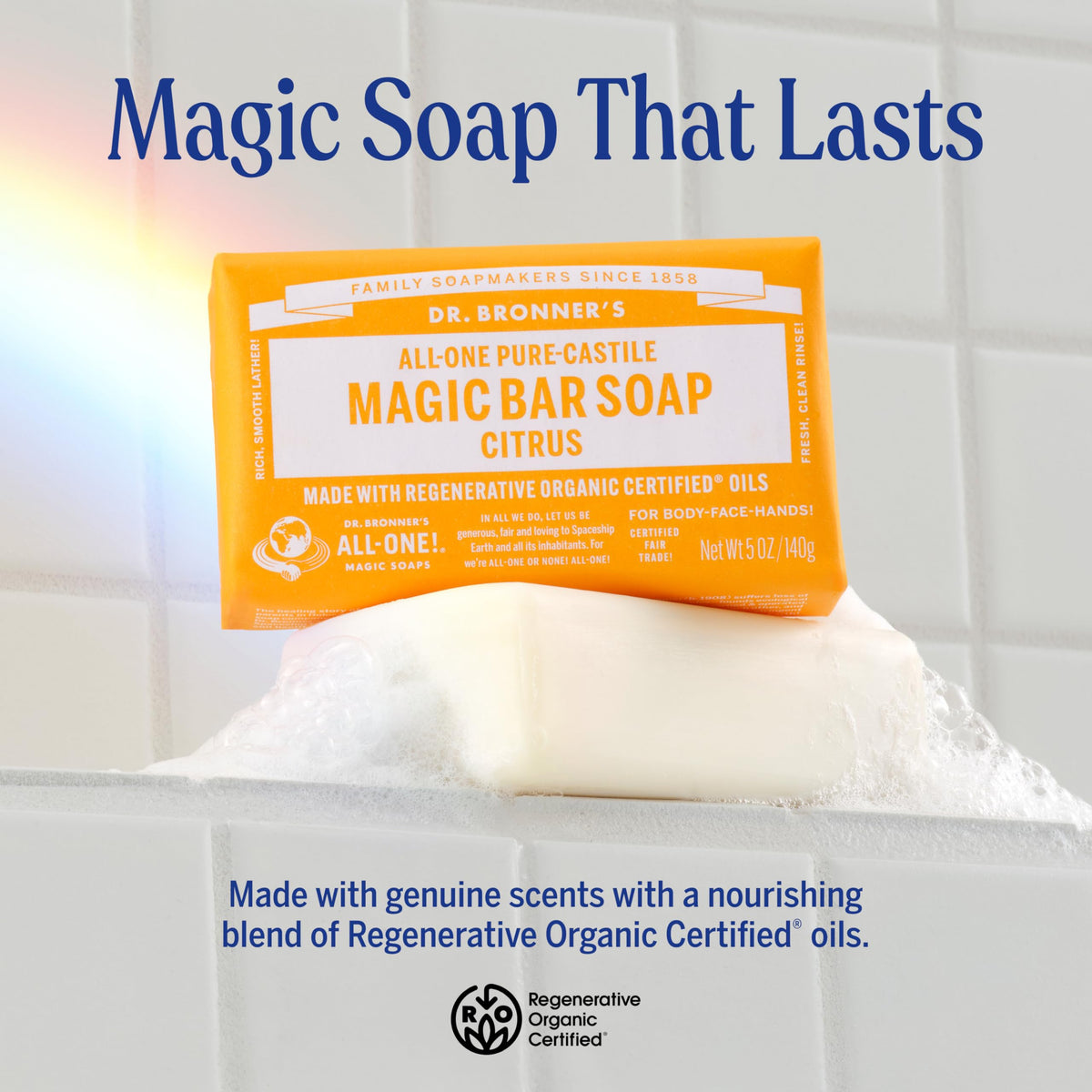 Dr. Bronner's citrus bar side profile with foam demonstrating rich lather