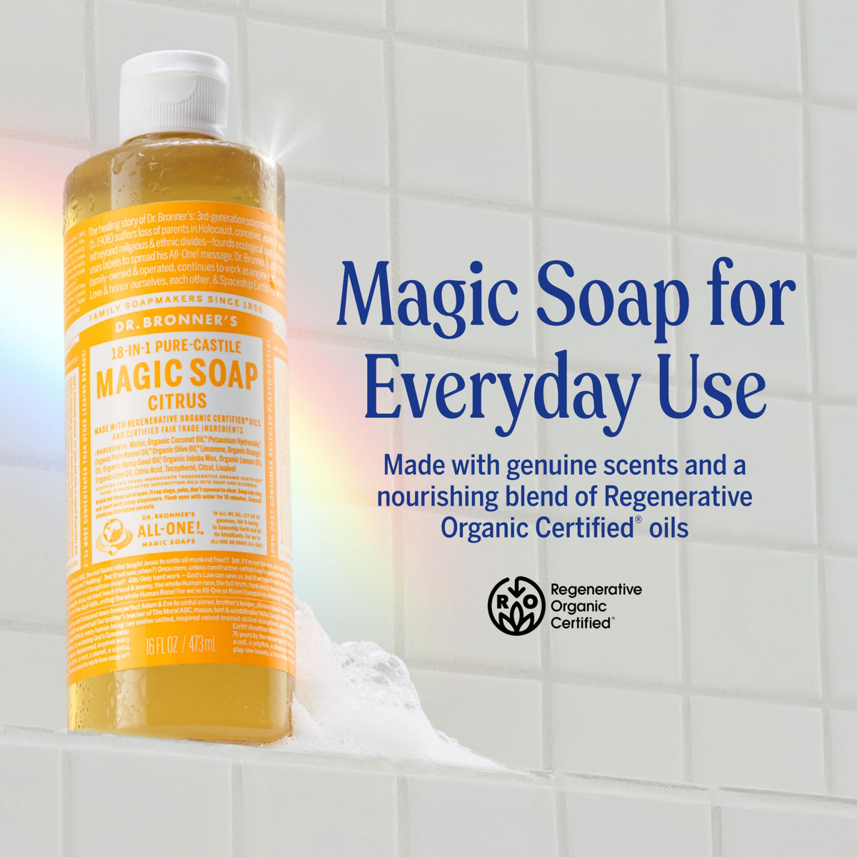 Dr. Bronner's bottle close-up showing liquid texture and thick lather potential