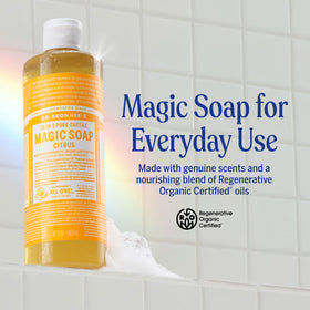 Dr. Bronner's bottle close-up showing liquid texture and thick lather potential