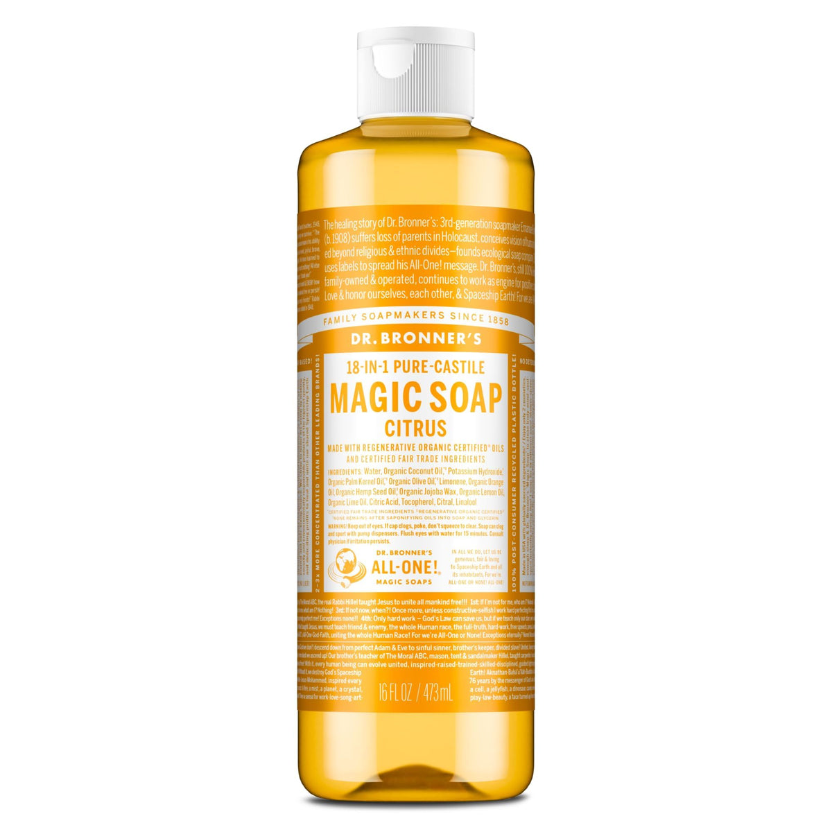 Dr. Bronner's citrus front bottle showing concentrated organic soap benefits