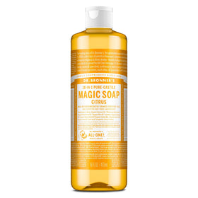 Dr. Bronner's citrus front bottle showing concentrated organic soap benefits