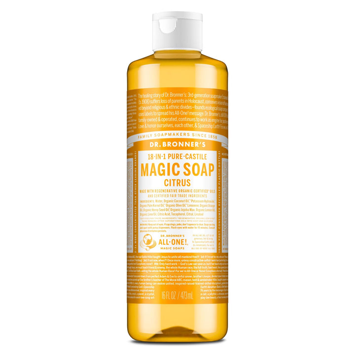Dr. Bronner's citrus front bottle showing concentrated organic soap benefits
