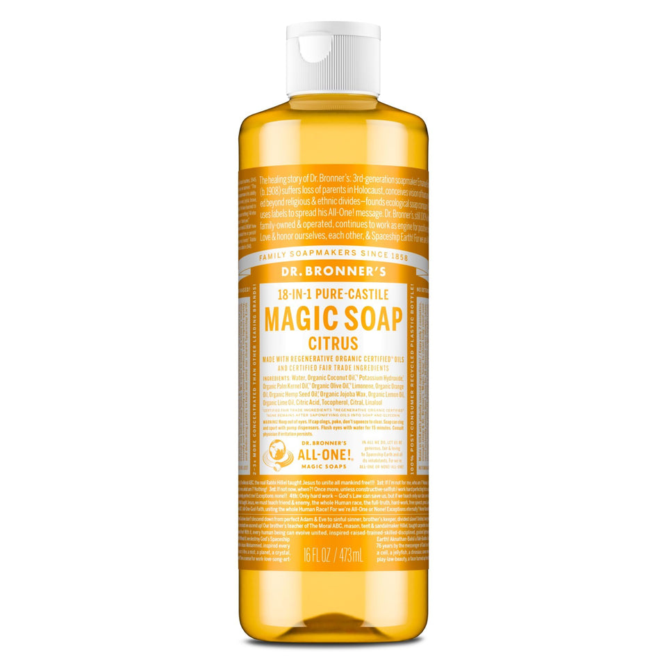 Dr. Bronner's citrus front bottle showing concentrated organic soap benefits