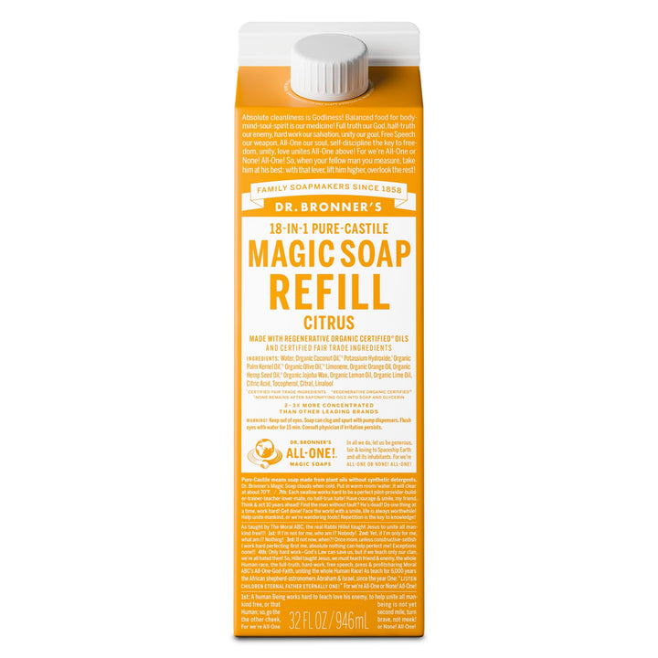 Dr. Bronner's citrus front carton showing product and eco refill benefit