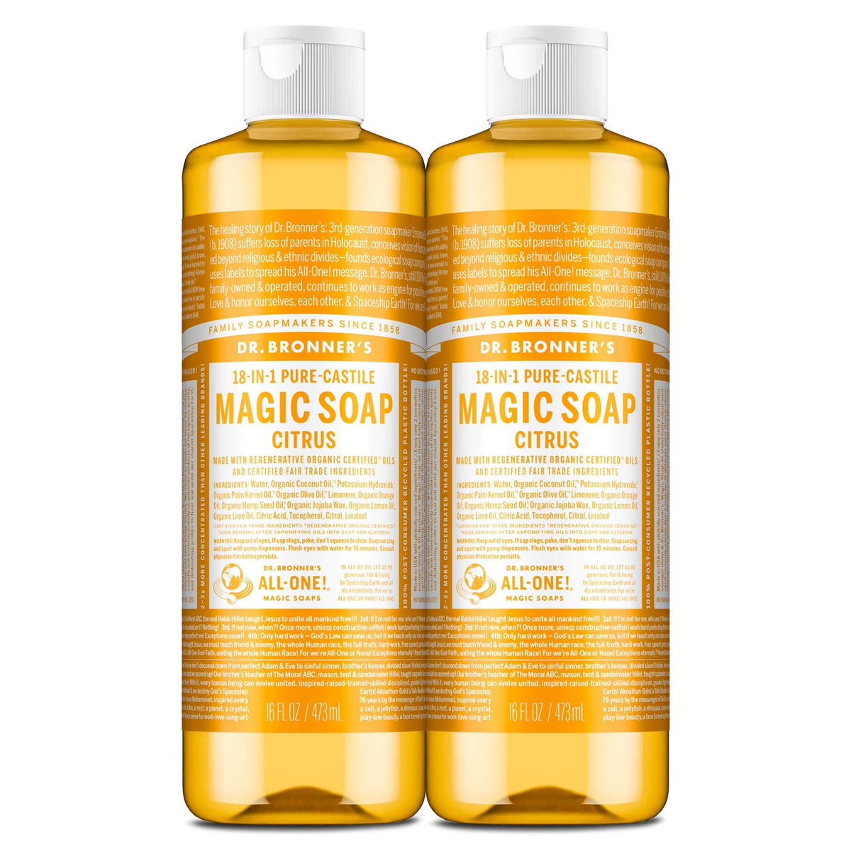 Dr. Bronner's citrus bottle front label showing product and benefit