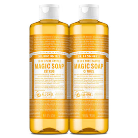 Dr. Bronner's citrus bottle front label showing product and benefit