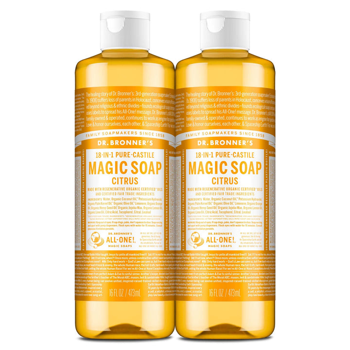 Dr. Bronner's citrus bottle front label showing product and benefit