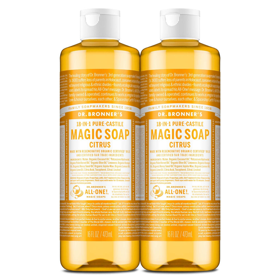 Dr. Bronner's citrus bottle front label showing product and benefit