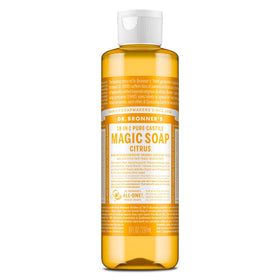 Dr. Bronner's citrus front label showing product name and use versatility