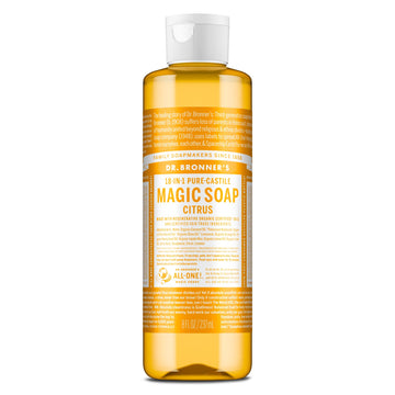 Dr. Bronner's citrus front label showing product name and use versatility
