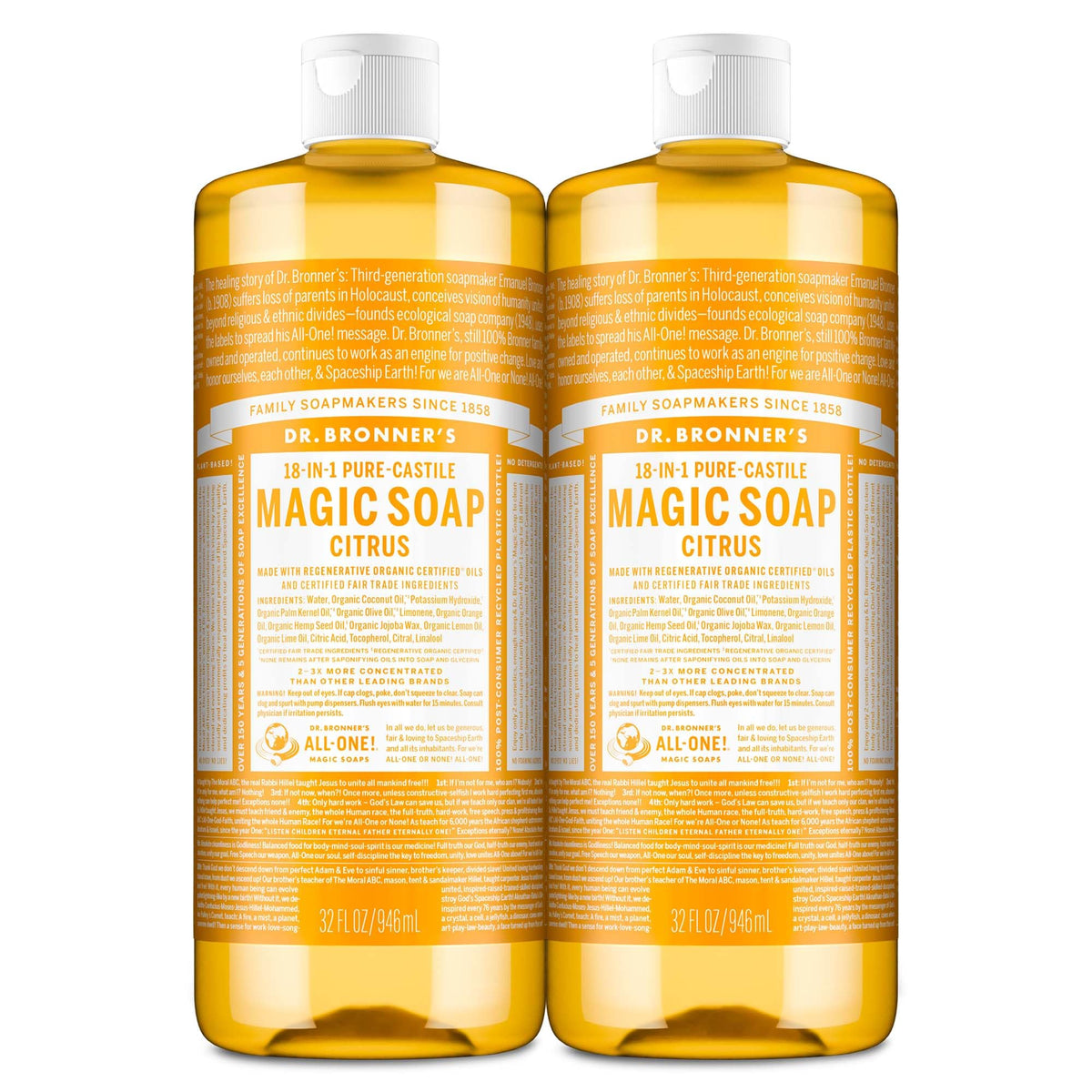 Dr. Bronner's citrus front packaging shows two 32oz bottles and clear labeling benefit: versatile cleaning