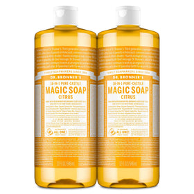 Dr. Bronner's citrus front packaging shows two 32oz bottles and clear labeling benefit: versatile cleaning