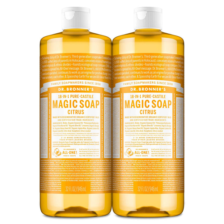 Dr. Bronner's citrus front packaging shows two 32oz bottles and clear labeling benefit: versatile cleaning