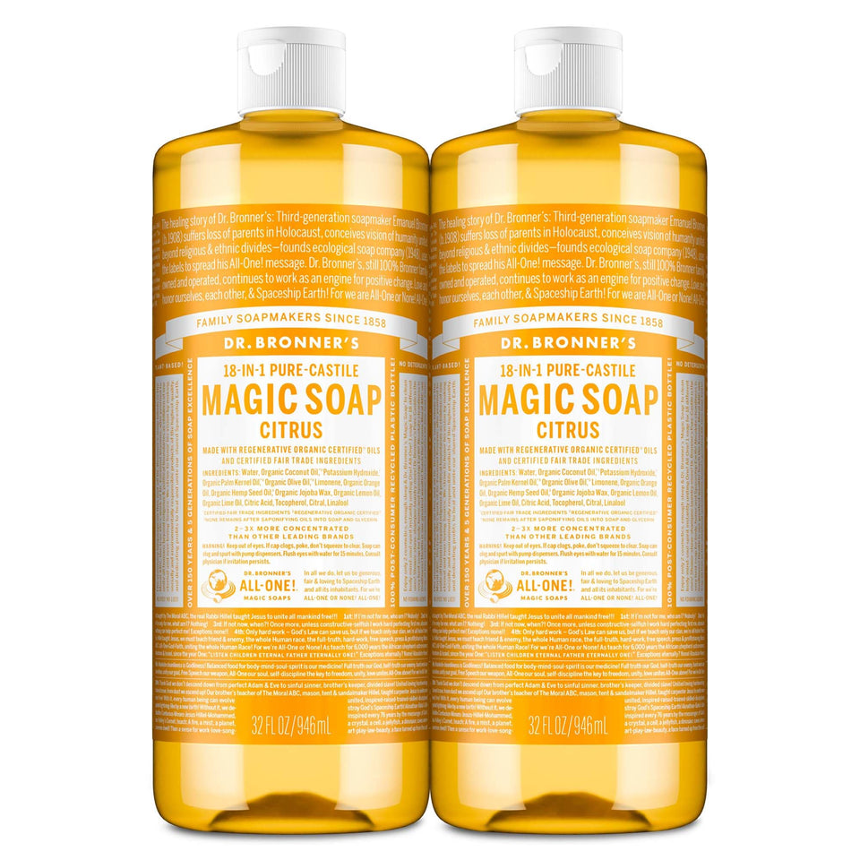 Dr. Bronner's citrus front packaging shows two 32oz bottles and clear labeling benefit: versatile cleaning