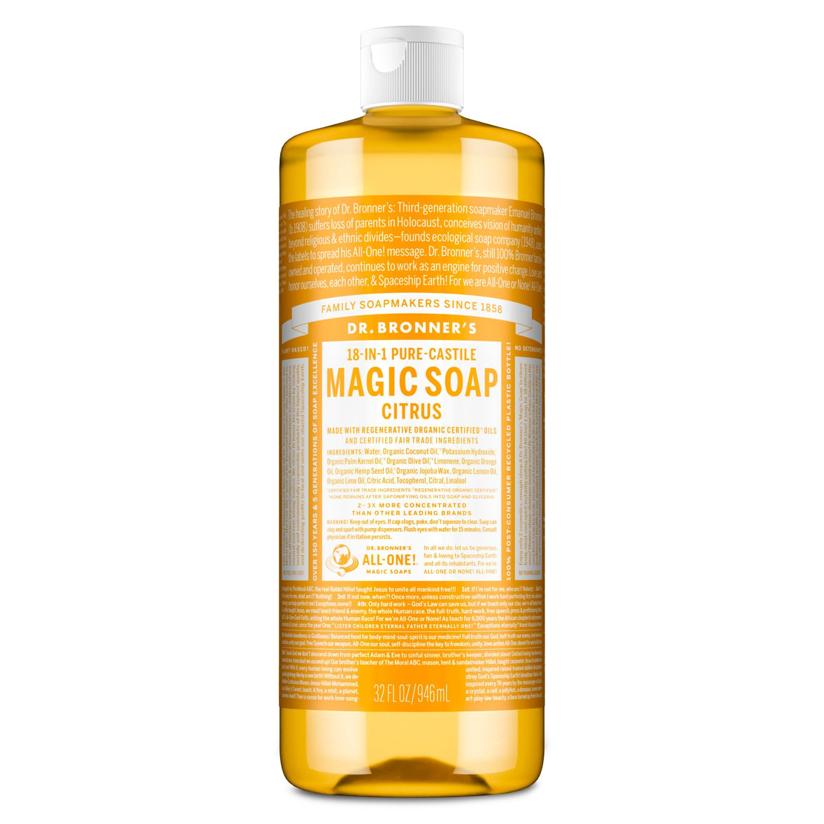 Dr. Bronner's citrus front packaging showing bottle and clear label for easy identification