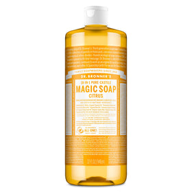 Dr. Bronner's citrus front packaging showing bottle and clear label for easy identification
