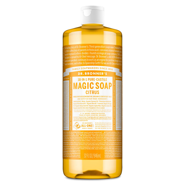 Dr. Bronner's citrus front packaging showing bottle and clear label for easy identification
