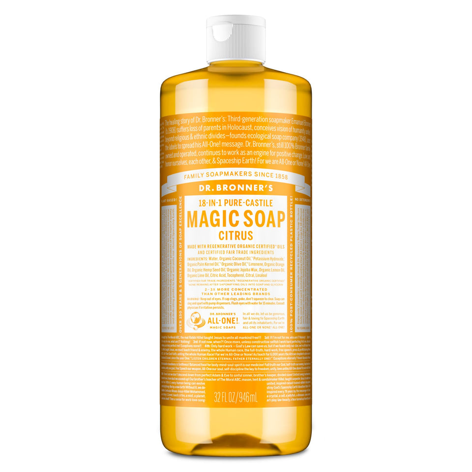 Dr. Bronner's citrus front packaging showing bottle and clear label for easy identification