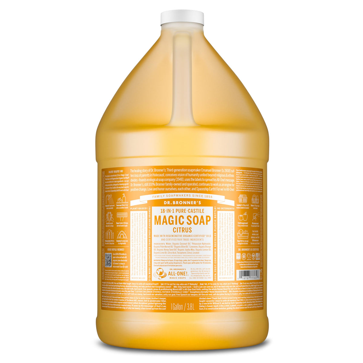 Dr. Bronner's citrus gallon front label showing product benefits
