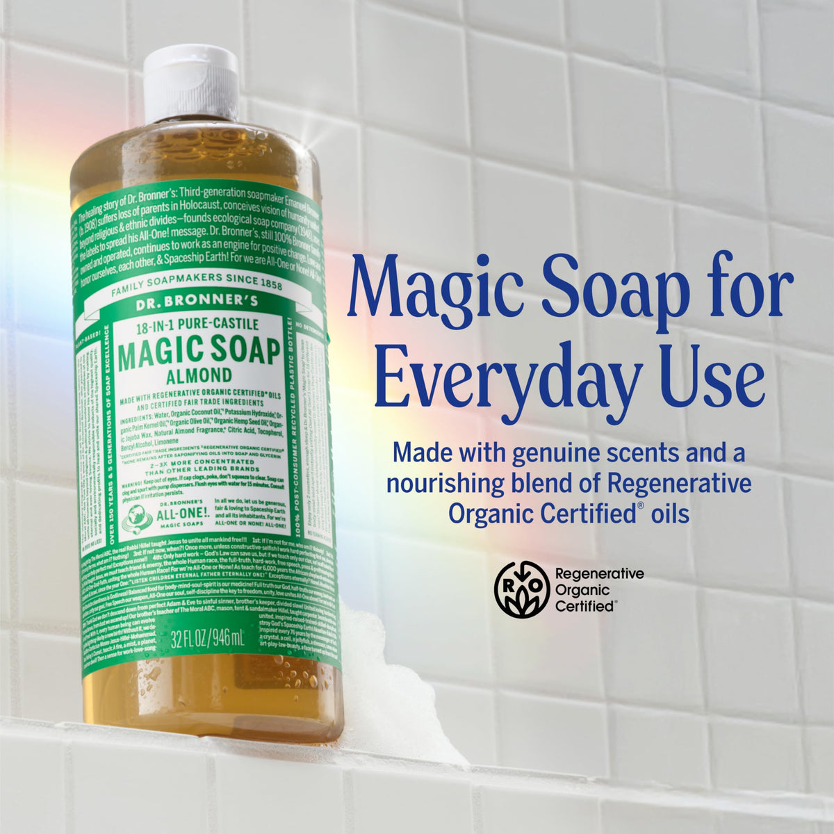 dr. bronner's label close-up highlighting organic and fair-trade ingredient claims