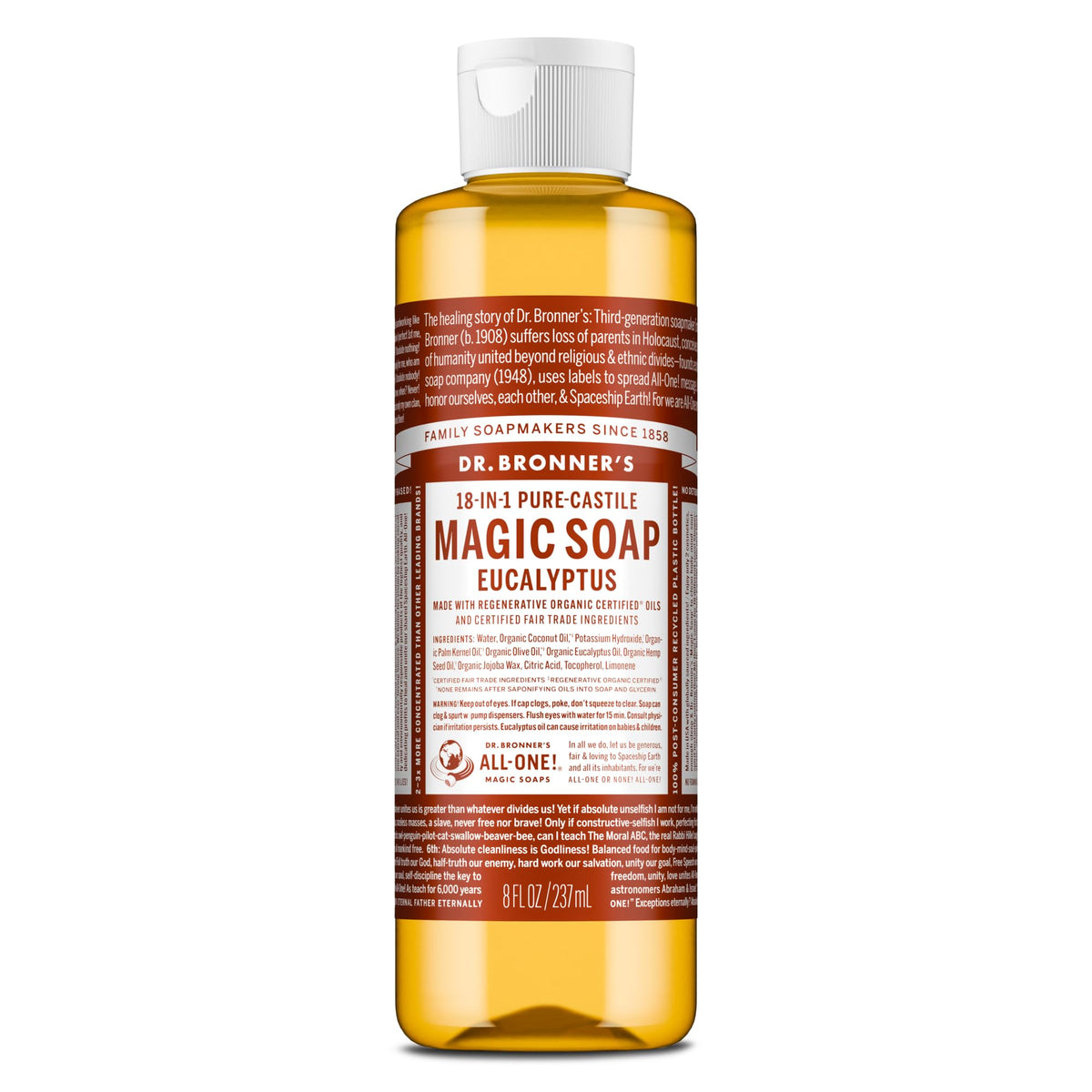 Dr. Bronner's eucalyptus bottle front label showing product name and benefits