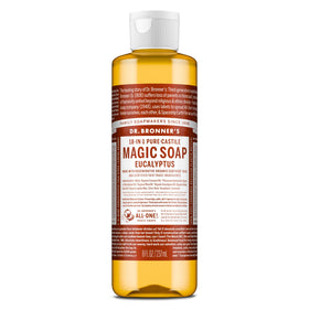 Dr. Bronner's eucalyptus bottle front label showing product name and benefits