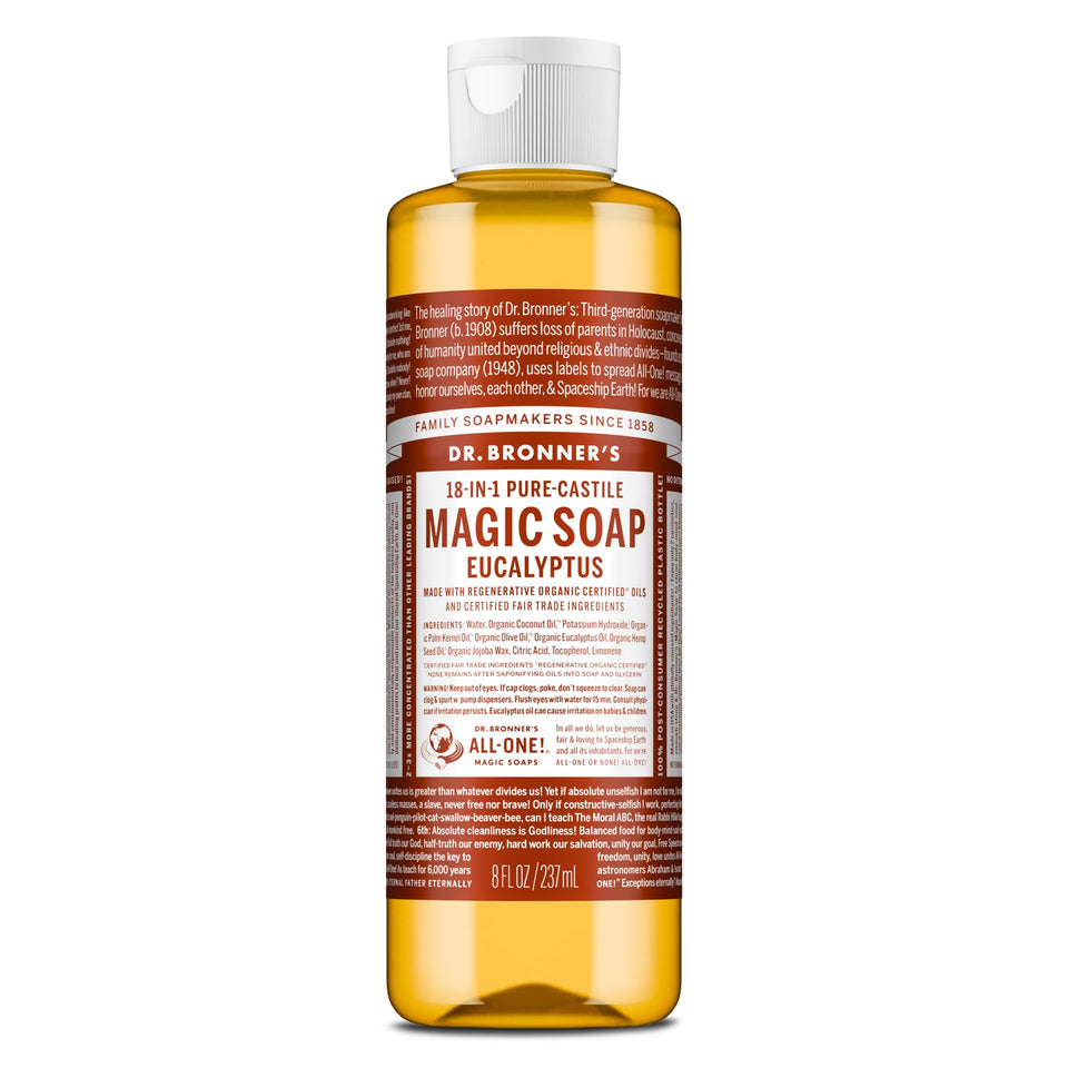 Dr. Bronner's eucalyptus bottle front label showing product name and benefits