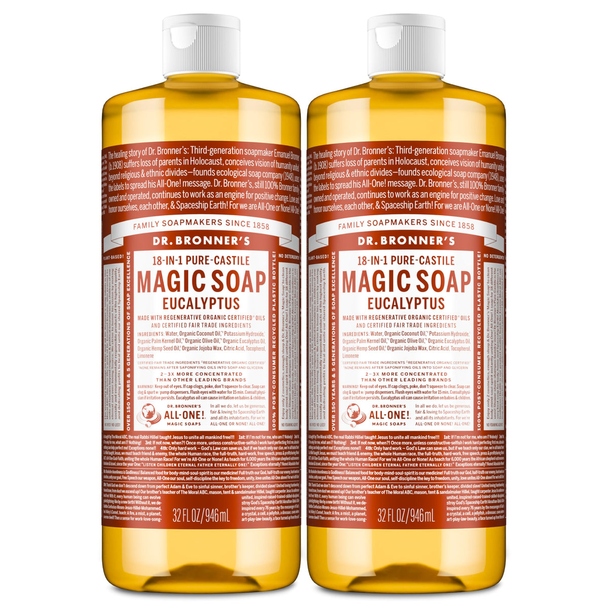 dr. bronner's eucalyptus front packaging showing two 32 ounce bottles and benefits