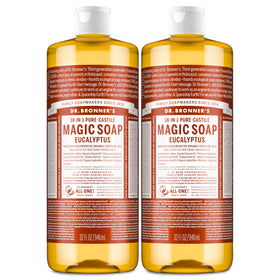 dr. bronner's eucalyptus front packaging showing two 32 ounce bottles and benefits