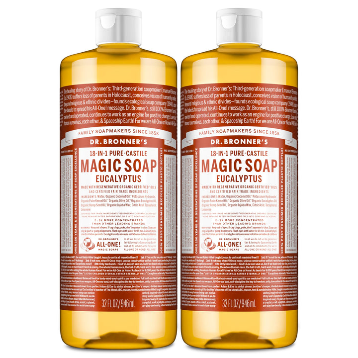 dr. bronner's eucalyptus front packaging showing two 32 ounce bottles and benefits