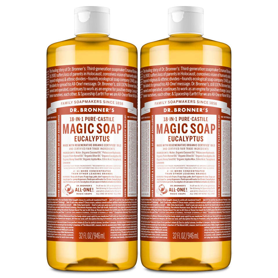 dr. bronner's eucalyptus front packaging showing two 32 ounce bottles and benefits