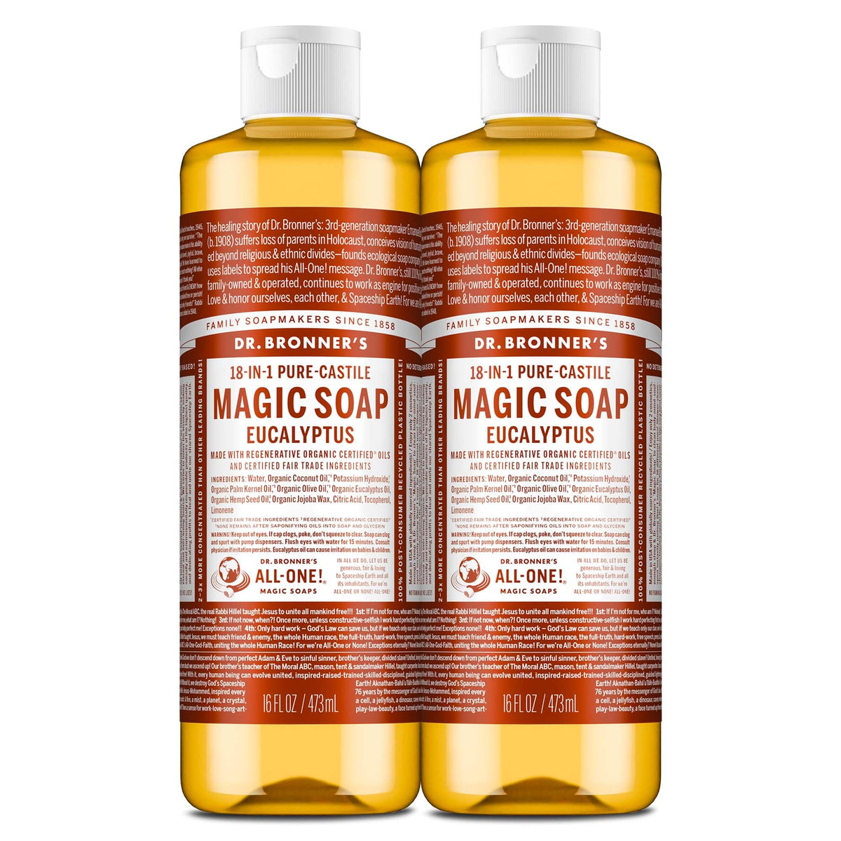 Dr. Bronner's eucalyptus front packaging shows product and benefits