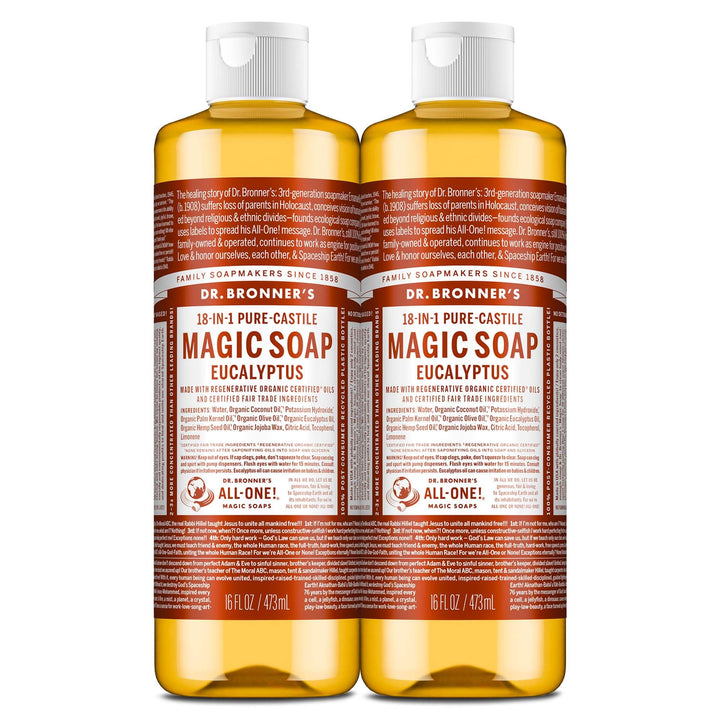 Dr. Bronner's eucalyptus front packaging shows product and benefits