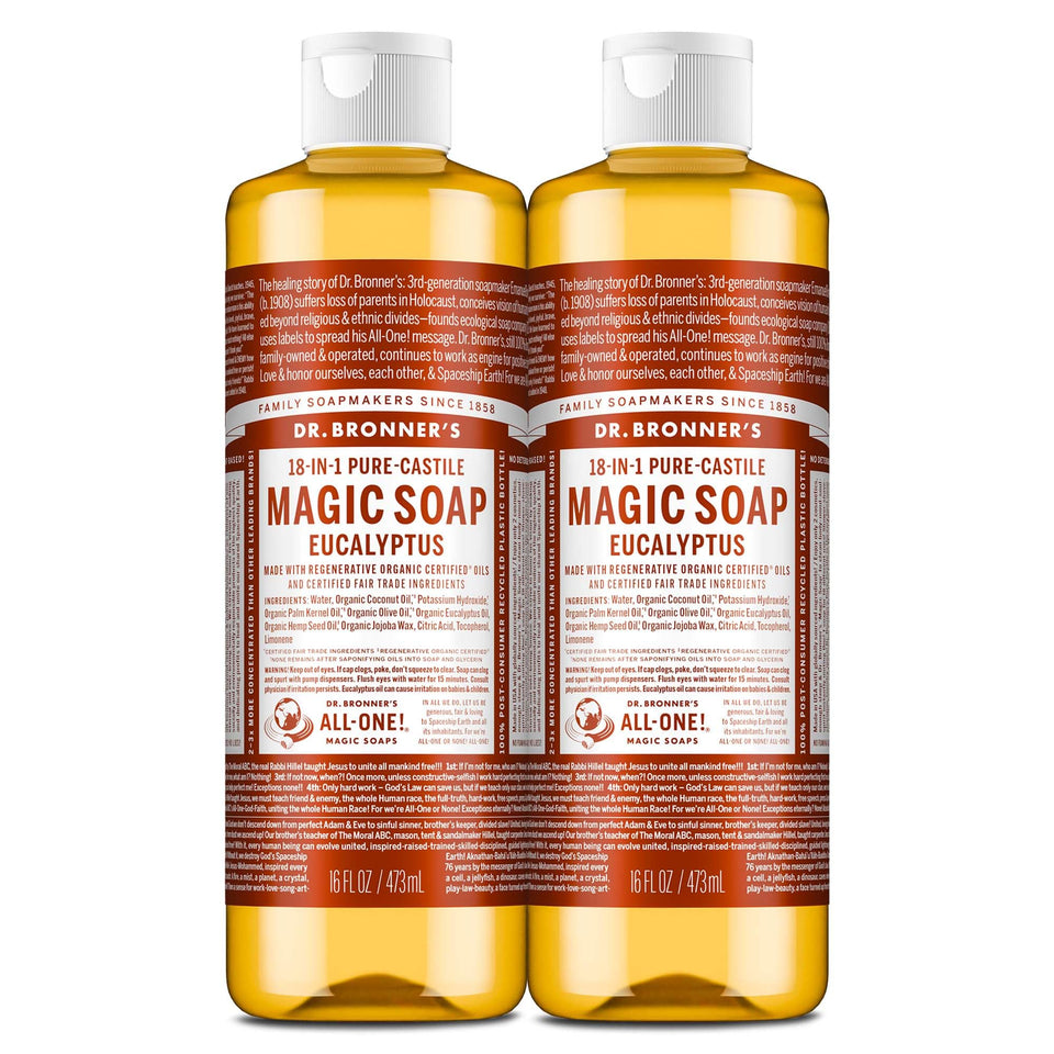 Dr. Bronner's eucalyptus front packaging shows product and benefits