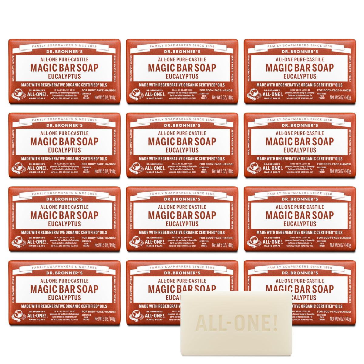 Dr. Bronner's eucalyptus front packaging showing brand and scent, eco benefit