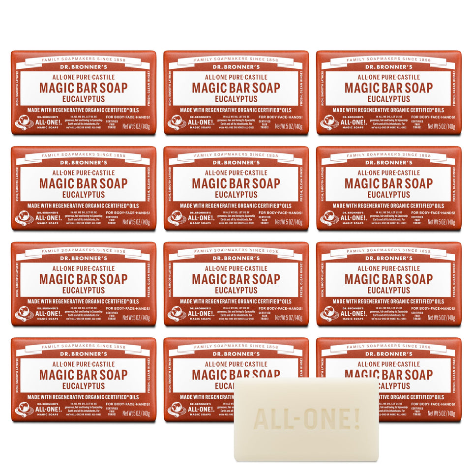 Dr. Bronner's eucalyptus front packaging showing brand and scent, eco benefit