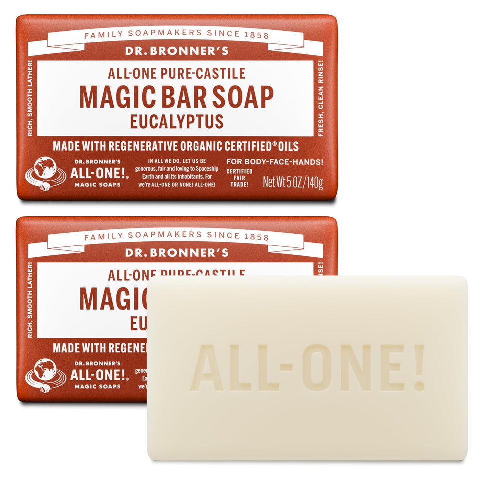 Dr. Bronner's eucalyptus magic bar front packaging showing brand and scent benefit