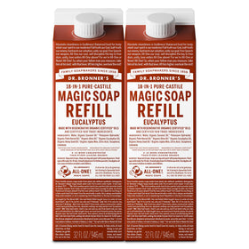 Dr. Bronner's eucalyptus front packaging showing refill two-pack and concentrated benefit