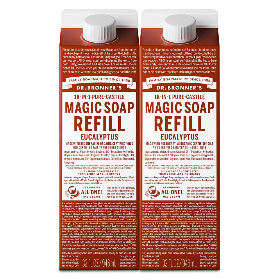 Dr. Bronner's eucalyptus front packaging showing refill two-pack and concentrated benefit