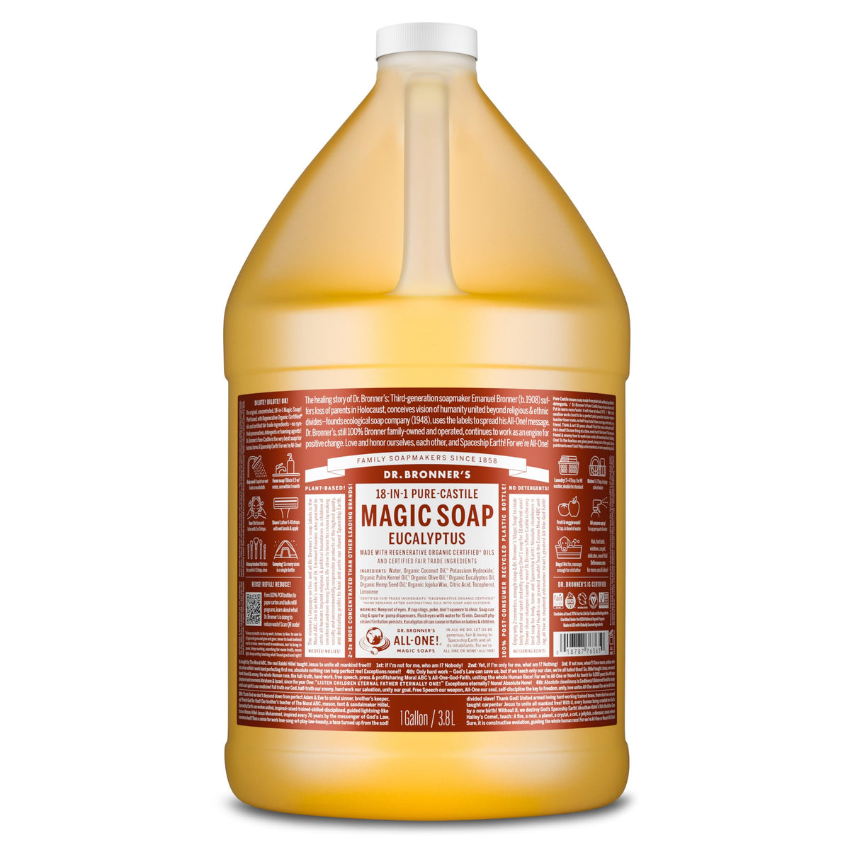 Dr. Bronner's eucalyptus gallon front label showing organic certification and scent benefits