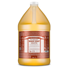 Dr. Bronner's eucalyptus gallon front label showing organic certification and scent benefits