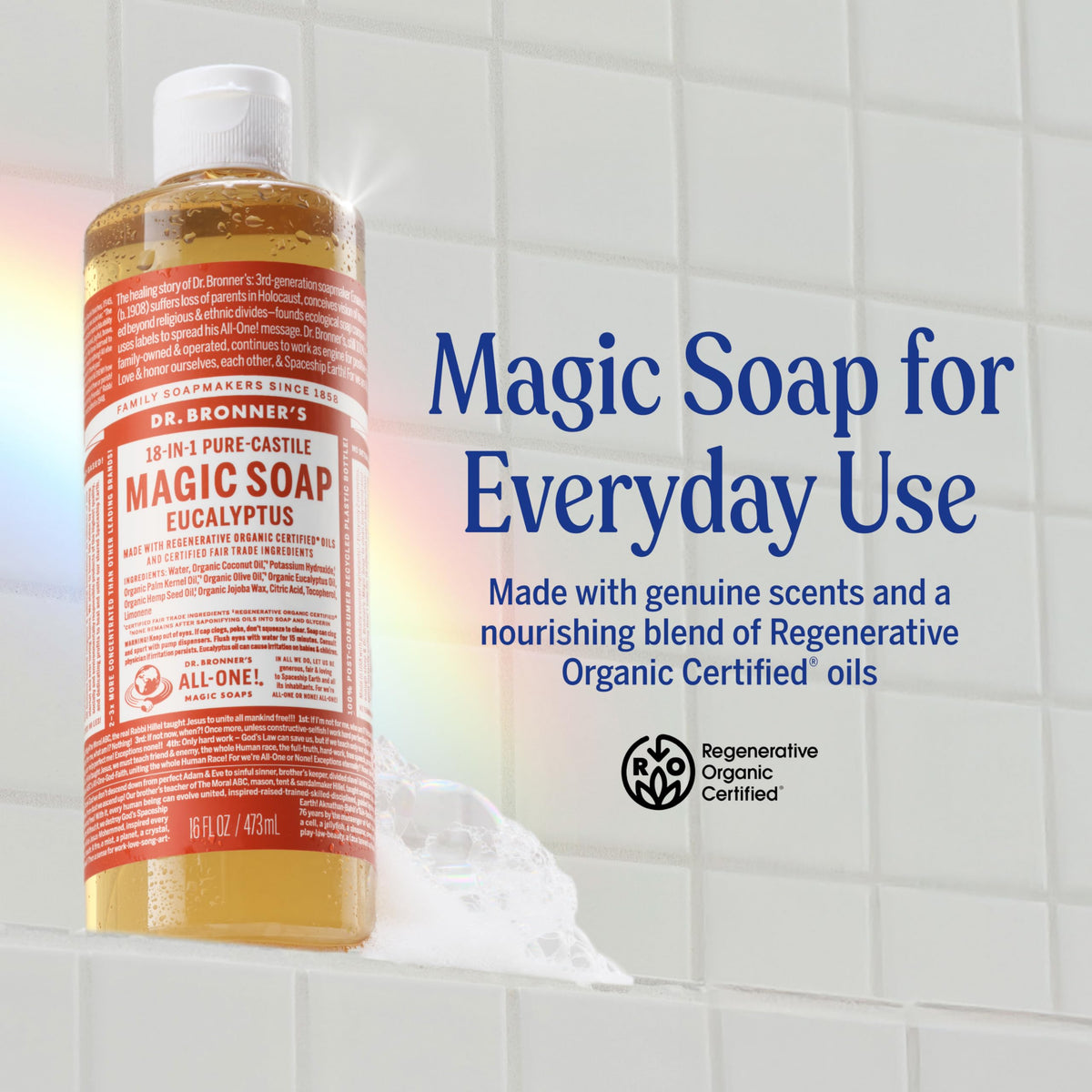 dr. bronner's eucalyptus label close-up highlighting organic and fair-trade ingredients