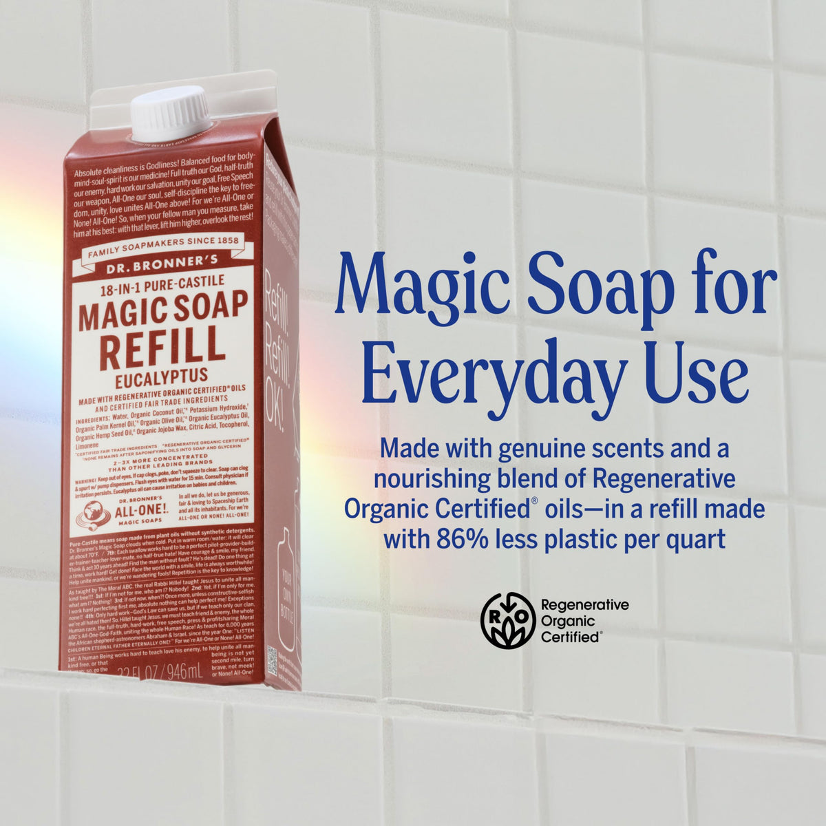 Dr. Bronner's eucalyptus being poured into a pump bottle for easy refill and reduced waste
