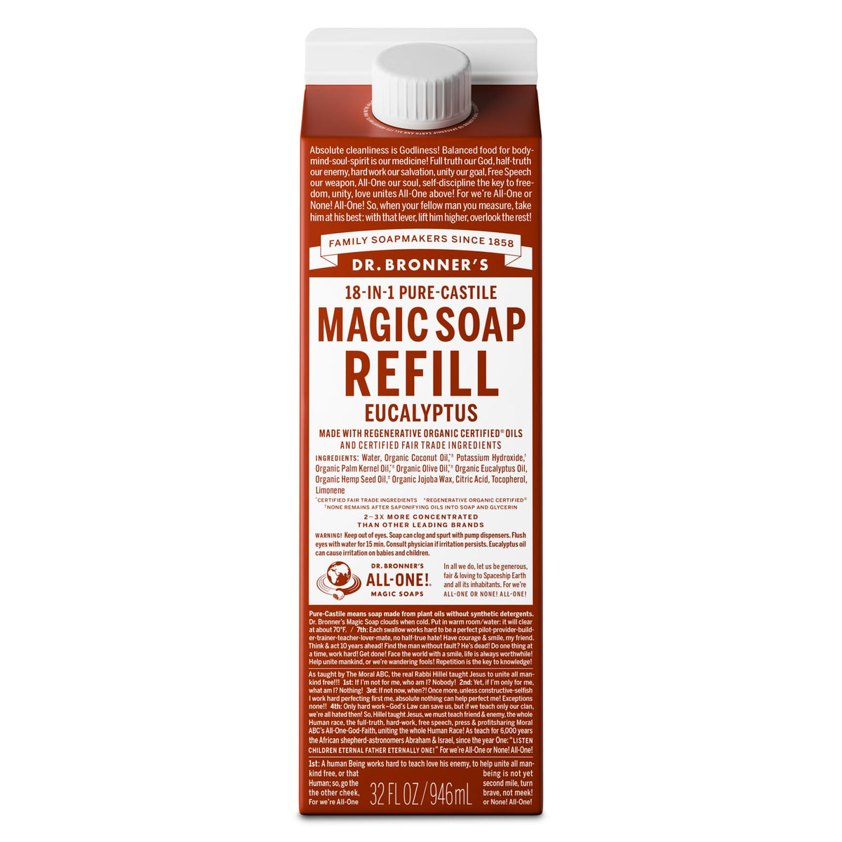 Dr. Bronner's eucalyptus refill front packaging showing product benefits