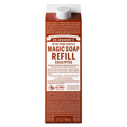 Dr. Bronner's eucalyptus refill front packaging showing product benefits