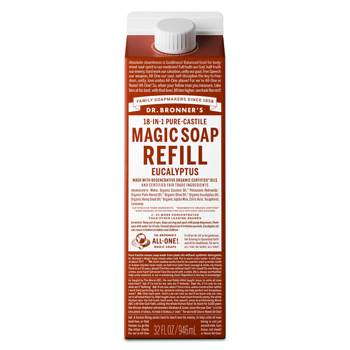 Dr. Bronner's eucalyptus refill front packaging showing product benefits
