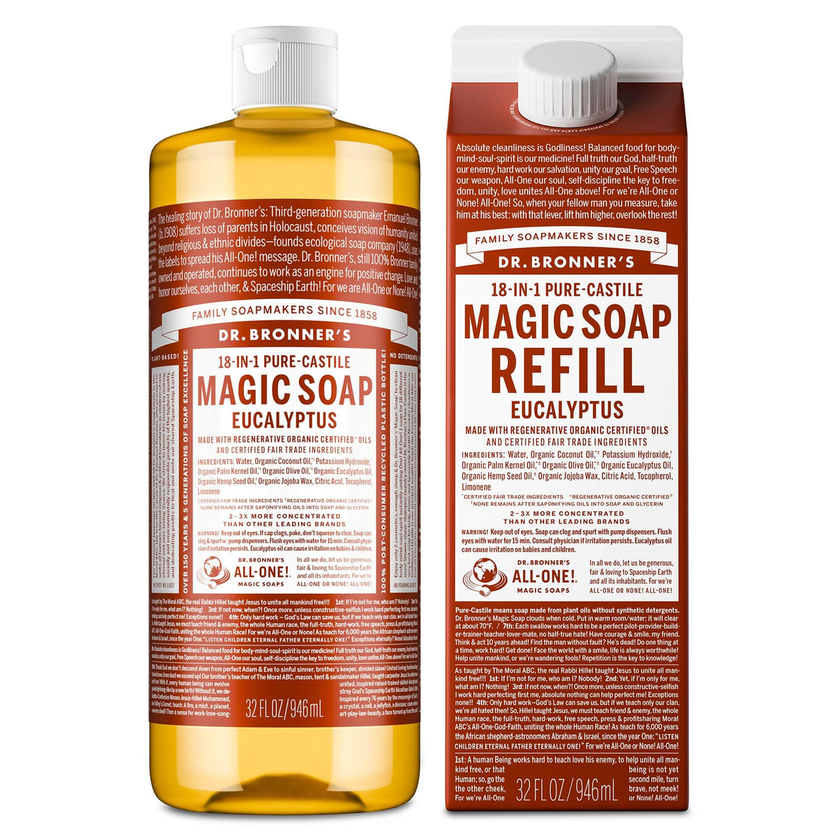 Dr. Bronner's front bottle eucalyptus showing label and pump for easy dispensing