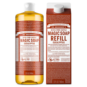 Dr. Bronner's front bottle eucalyptus showing label and pump for easy dispensing