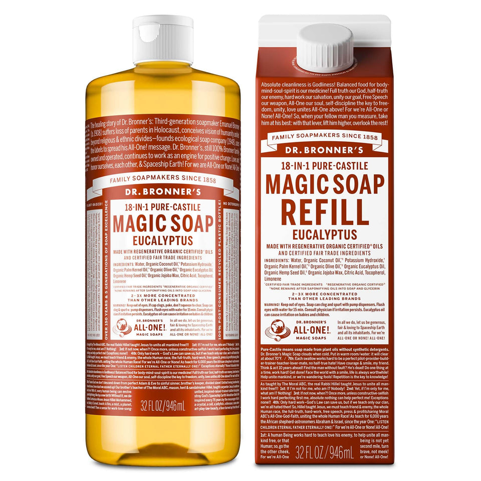 Dr. Bronner's front bottle eucalyptus showing label and pump for easy dispensing